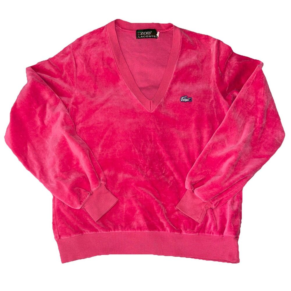 Vintage IZOD Lacoste Velour Pullover Sweatshirt Small Magenta V-Neck Croc Preppy